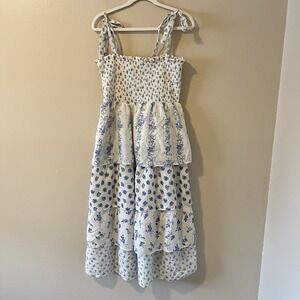 Women's Dress Ditzy Floral Blue Tiered Smocked Cottagecore Tea Summer White XL